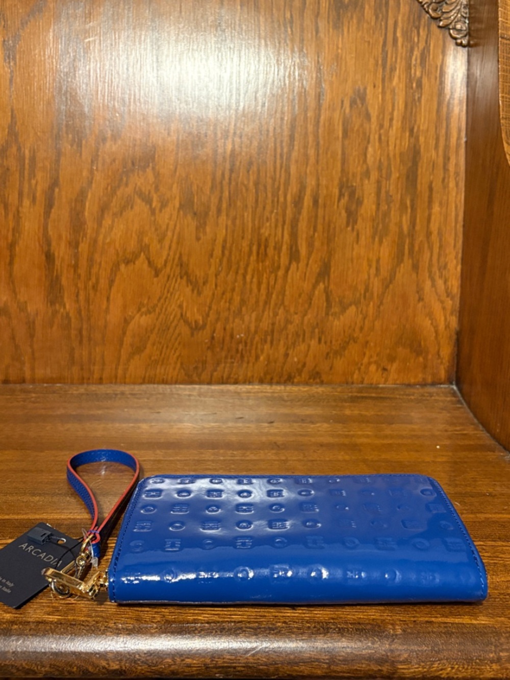 NWT-Arcadia-Zip Around Continental Wallet-Embossed Logo-Patent Leather-Sapphire - Picture 5 of 16